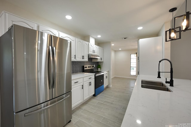 5914 Pineway, San Antonio, TX 78247 - kitchen with stainless steel appliances, a sink, under cabinet range hood, white cabinets, and backsplash