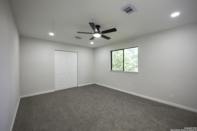 5914 Pineway, San Antonio, TX 78247 - unfurnished bedroom featuring baseboards, dark colored carpet, recessed lighting, a closet, and a ceiling fan