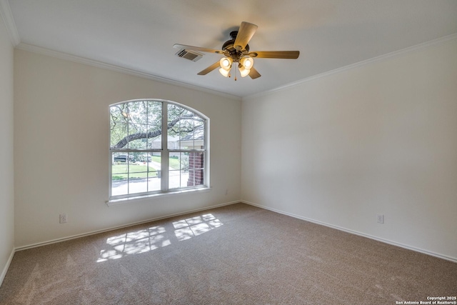spare room featuring carpet, ornamental molding, ceiling fan, and baseboards
