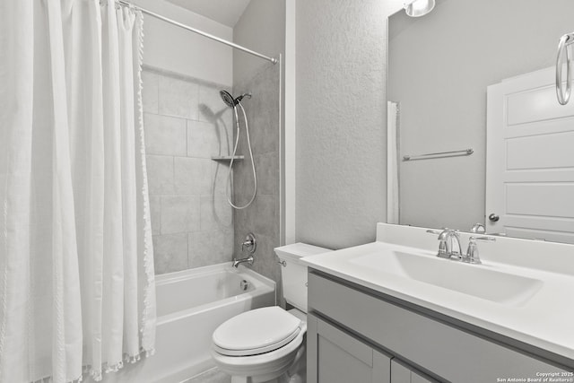 133 Edinburgh, Boerne, TX 78015 - full bath with a textured wall, toilet, shower / tub combo, and vanity