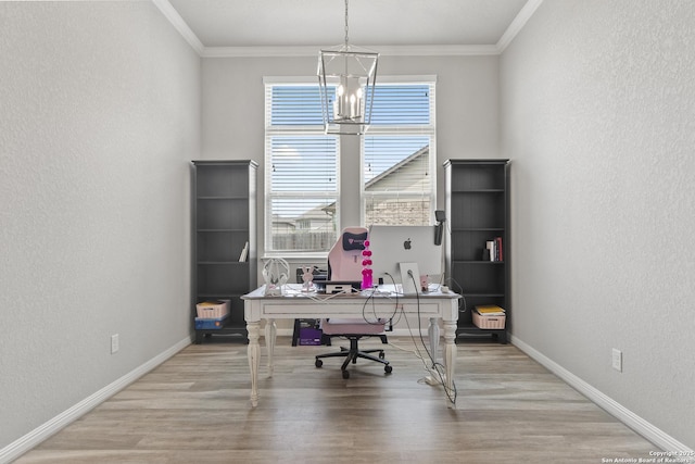 133 Edinburgh, Boerne, TX 78015 - home office featuring a chandelier, light wood-style floors, crown molding, a textured wall, and baseboards