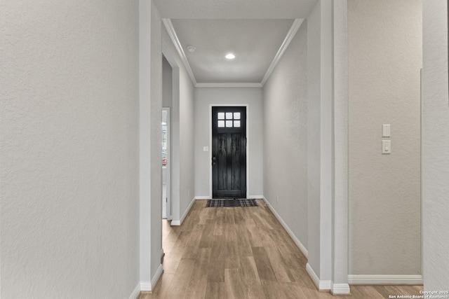 133 Edinburgh, Boerne, TX 78015 - doorway with wood finished floors, ornamental molding, baseboards, and a textured wall