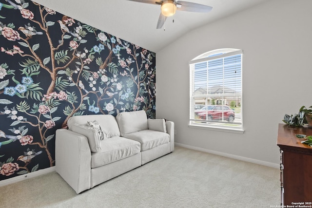 133 Edinburgh, Boerne, TX 78015 - carpeted living area with lofted ceiling, plenty of natural light, a ceiling fan, and baseboards