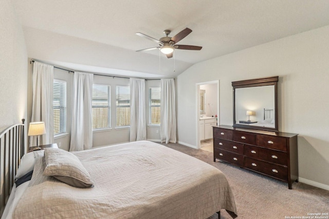 3012 Hess Blvd, Schertz, TX 78154 - bedroom with light carpet, baseboards, lofted ceiling, a ceiling fan, and connected bathroom