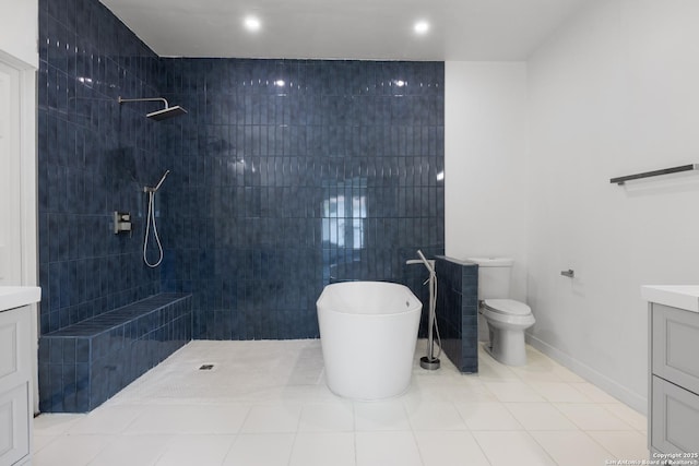 1144 Denver, San Antonio, TX 78210 - bathroom with vanity, a freestanding bath, a tile shower, toilet, and recessed lighting