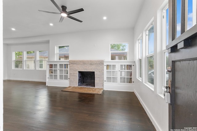 1144 Denver, San Antonio, TX 78210 - unfurnished living room with a fireplace, dark wood finished floors, baseboards, recessed lighting, and a ceiling fan