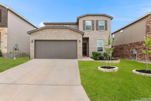 10322 Lady Bird, San Antonio, TX 78252 - traditional home featuring brick siding, concrete driveway, a front lawn, and a garage