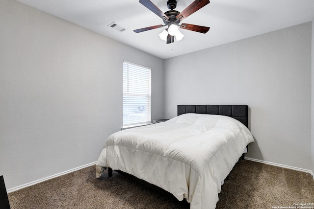 bedroom featuring carpet, baseboards, and ceiling fan