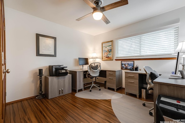 28426 Quadrille Ln, Boerne, TX 78015 - office area featuring ceiling fan, dark wood finished floors, and baseboards