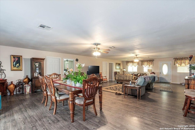 205 Montrose, Liberty Hill, TX 78642 - dining area with a ceiling fan and dark wood-style floors
