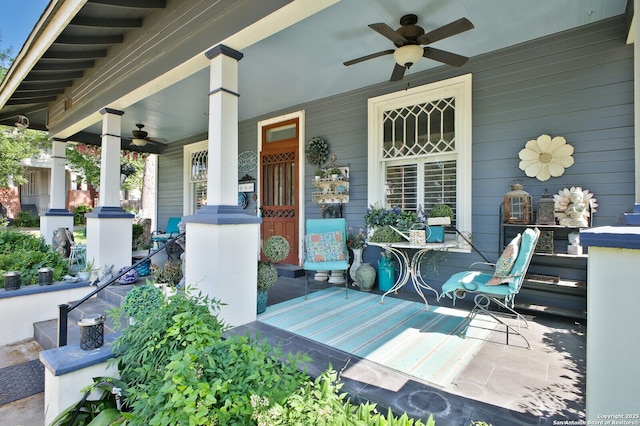 view of patio / terrace with a porch and a ceiling fan