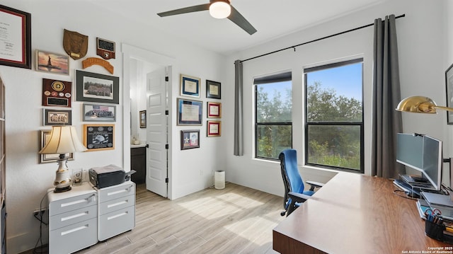 191 Crane Cir, Spring Branch, TX 78070 - home office featuring ceiling fan, healthy amount of natural light, and light wood-style flooring