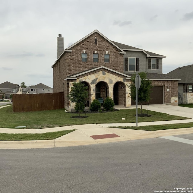 view of front of home featuring brick siding, driveway, an attached garage, and a chimney