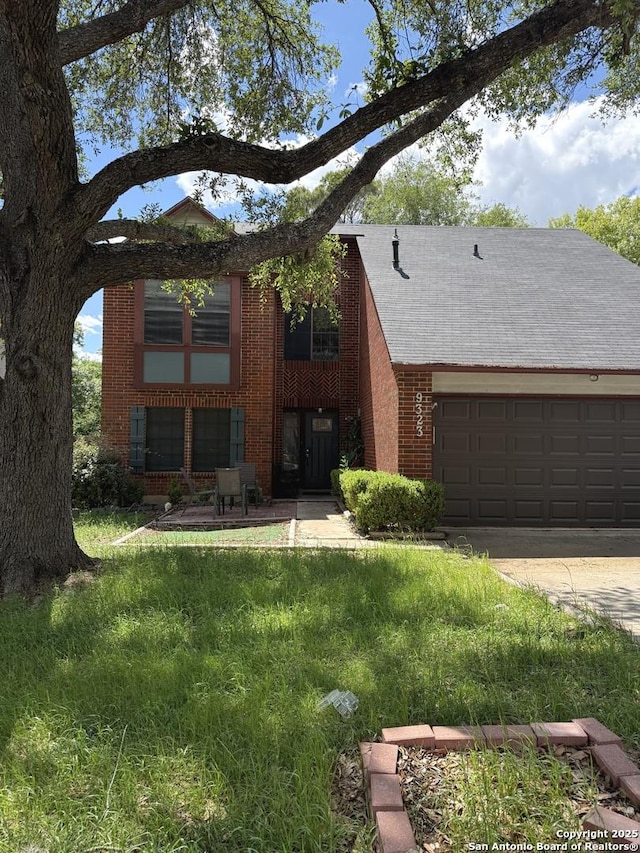 9323 Andersonville, San Antonio, TX 78240 - view of front of home with an attached garage, brick siding, concrete driveway, and a shingled roof