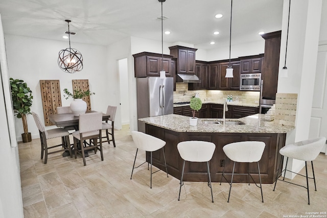 kitchen featuring stainless steel appliances, a sink, dark brown cabinetry, a peninsula, and backsplash