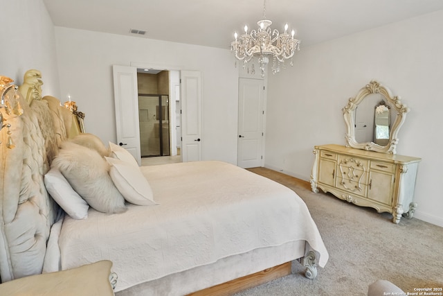bedroom featuring a chandelier, light colored carpet, and baseboards