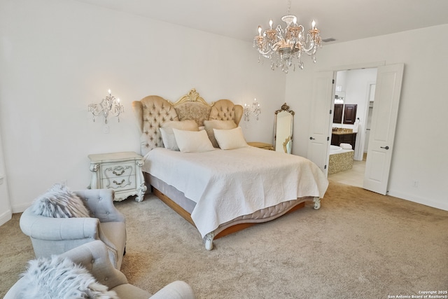 bedroom with a chandelier, carpet flooring, and baseboards