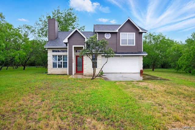 view of front facade with a garage, a chimney, a front yard, a shingled roof, and driveway