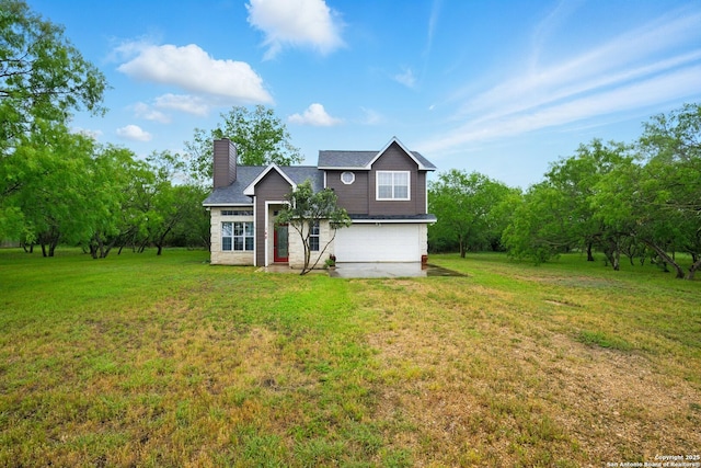 traditional home featuring a chimney, an attached garage, and a front lawn