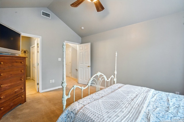 carpeted bedroom with high vaulted ceiling, baseboards, a ceiling fan, and connected bathroom