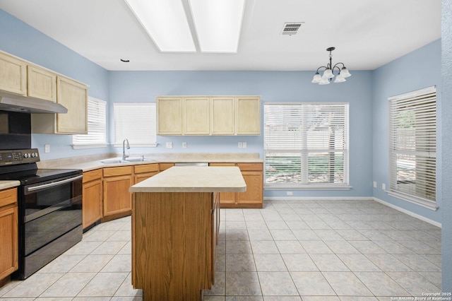 8818 Sarasota Woods, San Antonio, TX 78250 - kitchen with electric range, a sink, under cabinet range hood, and light countertops