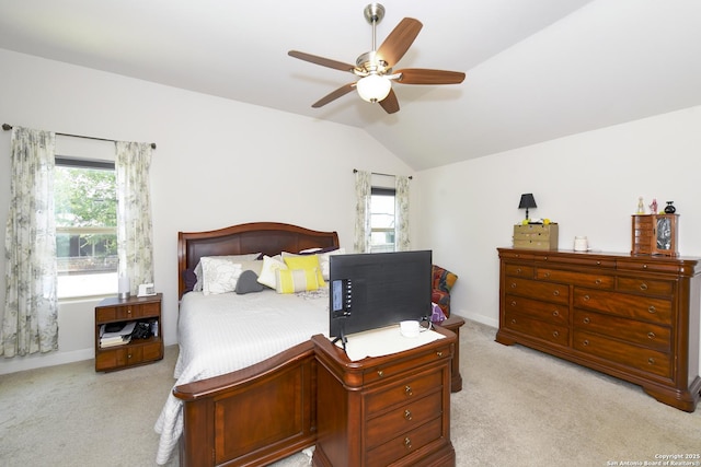 1710 Briar Spg, San Antonio, TX 78245 - bedroom with light carpet, vaulted ceiling, baseboards, and ceiling fan
