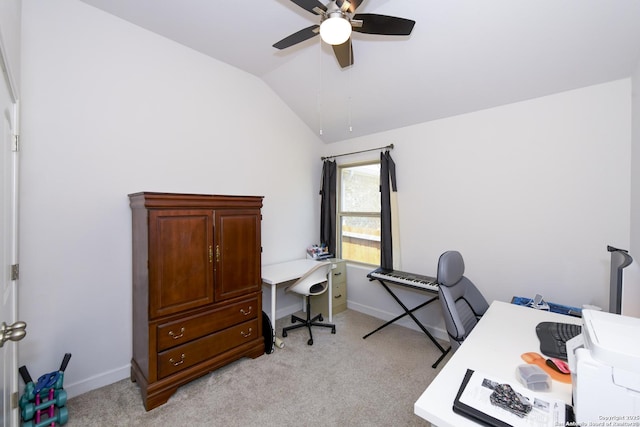 1710 Briar Spg, San Antonio, TX 78245 - home office with a ceiling fan, lofted ceiling, light carpet, and baseboards