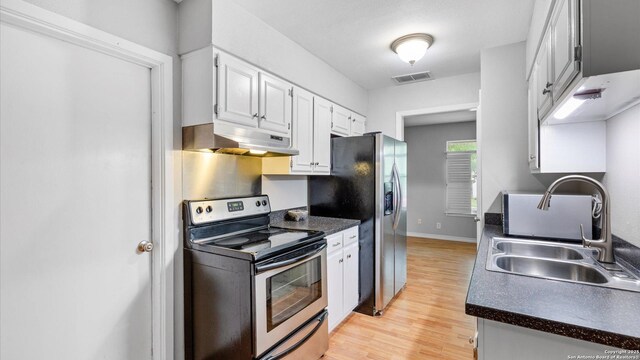 4722 Casa Manana, San Antonio, TX 78233 - kitchen featuring stainless steel appliances, under cabinet range hood, a sink, white cabinetry, and dark countertops