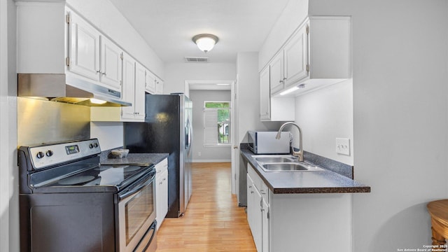 4722 Casa Manana, San Antonio, TX 78233 - kitchen with stainless steel appliances, a sink, under cabinet range hood, light wood-type flooring, and dark countertops