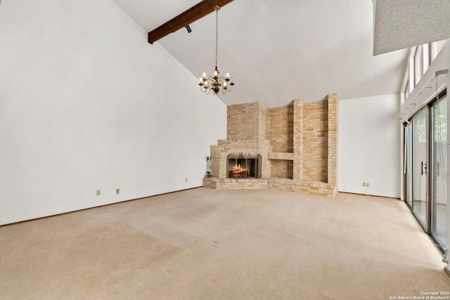 11421 Mission Trce, San Antonio, TX 78230 - unfurnished living room featuring carpet, high vaulted ceiling, beam ceiling, a chandelier, and a fireplace