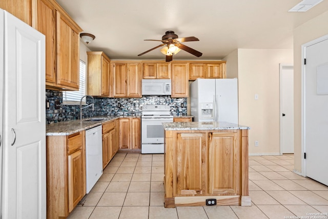 3601 Diamond Fls, Schertz, TX 78154 - kitchen featuring white appliances, a sink, ceiling fan, light tile patterned flooring, and tasteful backsplash