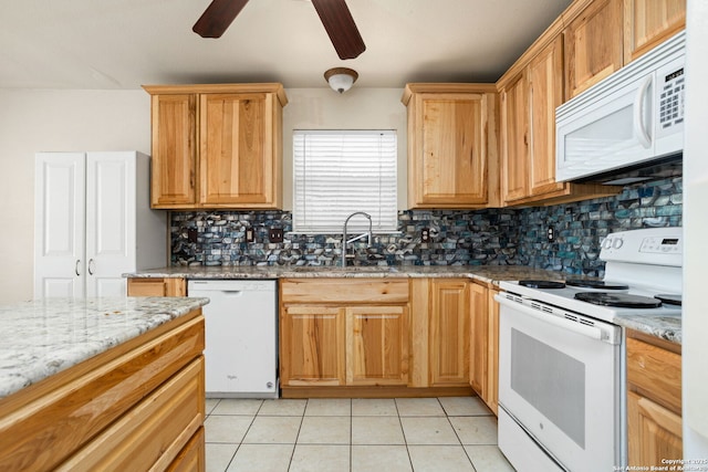 3601 Diamond Fls, Schertz, TX 78154 - kitchen with white appliances, a sink, ceiling fan, and tasteful backsplash