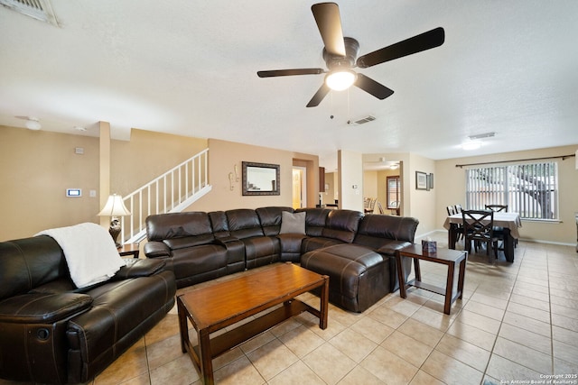 934 Saxonhill, San Antonio, TX 78253 - living room with a ceiling fan, stairs, and light tile patterned floors
