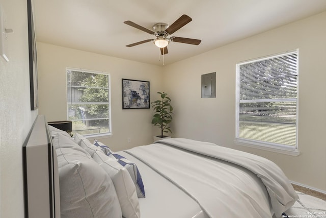 6711 Greencastle, San Antonio, TX 78242 - carpeted bedroom with electric panel, ceiling fan, and baseboards