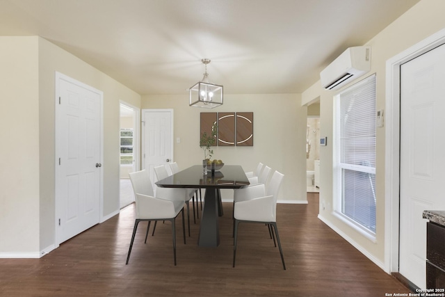 6711 Greencastle, San Antonio, TX 78242 - dining space with a wall mounted AC, a chandelier, dark wood finished floors, and baseboards