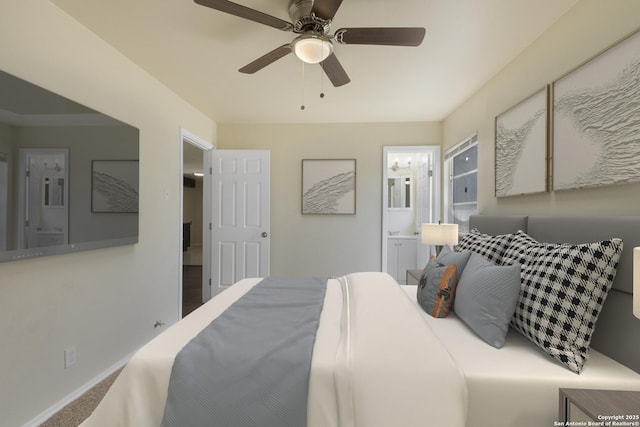 6711 Greencastle, San Antonio, TX 78242 - bedroom with ensuite bathroom, baseboards, and ceiling fan