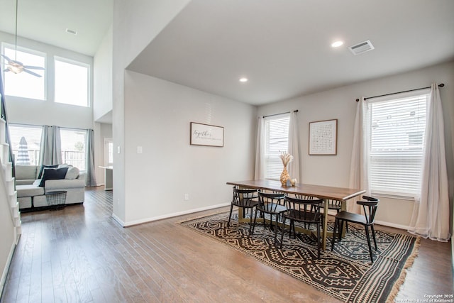 7606 Cottonwood Fls, Spring, TX 77379 - dining space with ceiling fan, baseboards, wood finished floors, and recessed lighting