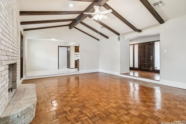 10514 Merritime Ct, San Antonio, TX 78217 - unfurnished living room with a brick fireplace, ceiling fan, baseboards, and recessed lighting
