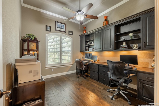 1040 Glenwood, Bulverde, TX 78163 - office space featuring crown molding, ceiling fan, dark wood finished floors, baseboards, and built in study area