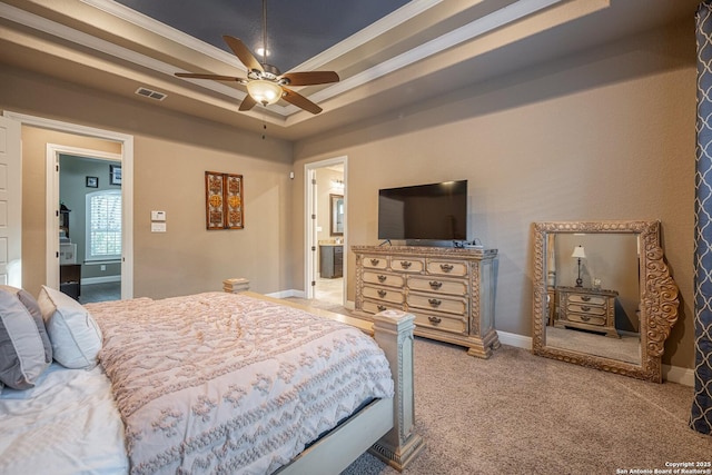 1040 Glenwood, Bulverde, TX 78163 - bedroom featuring a raised ceiling, carpet floors, baseboards, ornamental molding, and ensuite bath