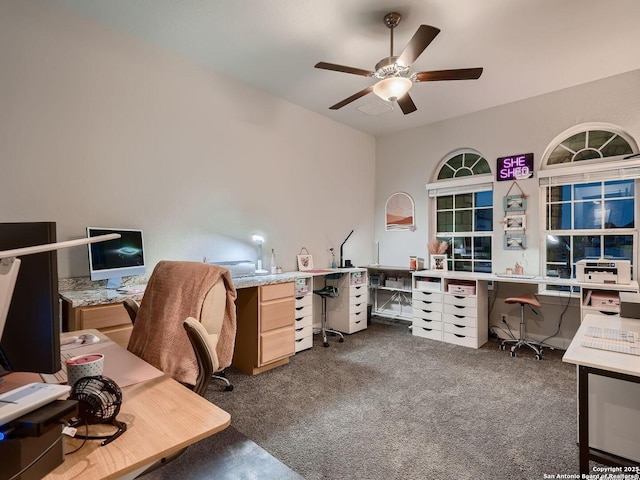 office space featuring ceiling fan and carpet