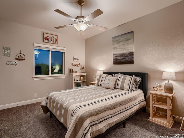 bedroom with carpet flooring, baseboards, and a ceiling fan