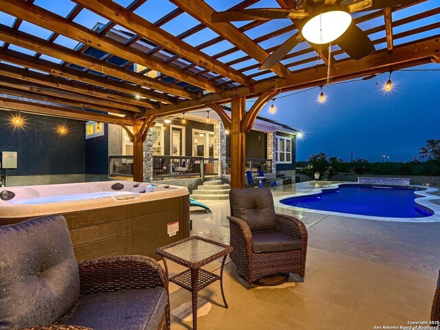 outdoor pool featuring a hot tub, a ceiling fan, a patio, and a pergola