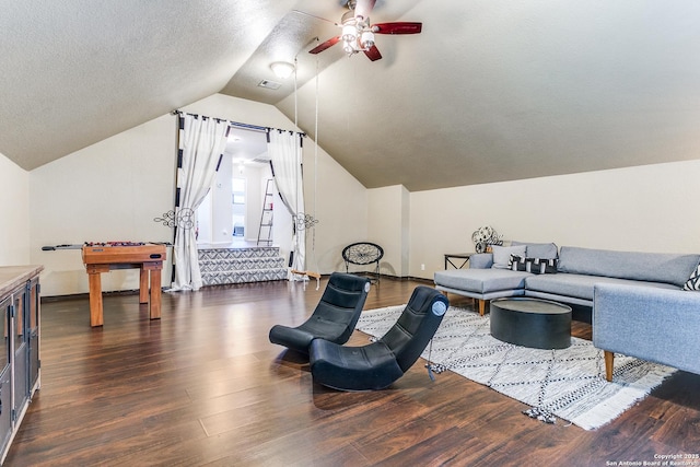 823 Peg Oak, San Antonio, TX 78258 - living room with wood finished floors, vaulted ceiling, a ceiling fan, and baseboards