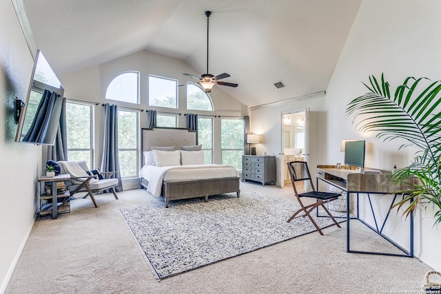 823 Peg Oak, San Antonio, TX 78258 - carpeted bedroom with high vaulted ceiling, baseboards, and ensuite bath