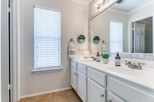 823 Peg Oak, San Antonio, TX 78258 - bathroom featuring ornamental molding, plenty of natural light, double vanity, baseboards, and tile patterned floors