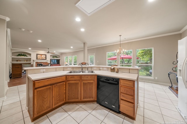 38 Atwell, San Antonio, TX 78254 - kitchen with dishwasher, a sink, light tile patterned flooring, crown molding, and open floor plan