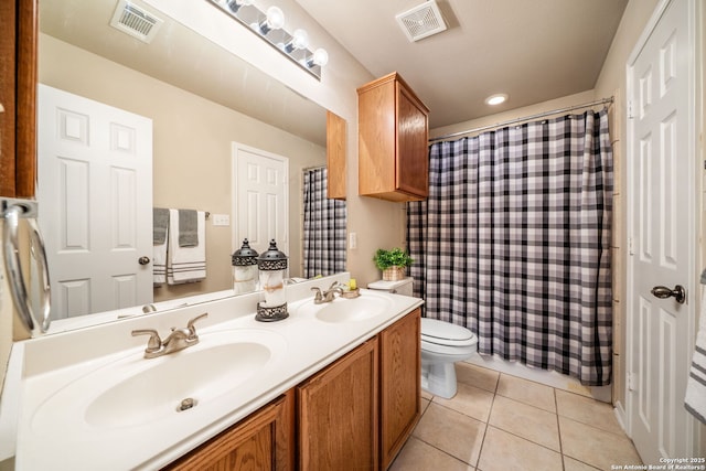 38 Atwell, San Antonio, TX 78254 - full bath featuring tile patterned flooring, toilet, double vanity, and a shower with shower curtain