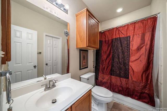 38 Atwell, San Antonio, TX 78254 - full bathroom with toilet, vanity, tile patterned floors, and shower / bath combination with curtain