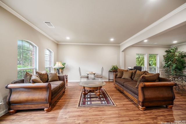 38 Atwell, San Antonio, TX 78254 - living area with recessed lighting, wood finished floors, baseboards, and ornamental molding